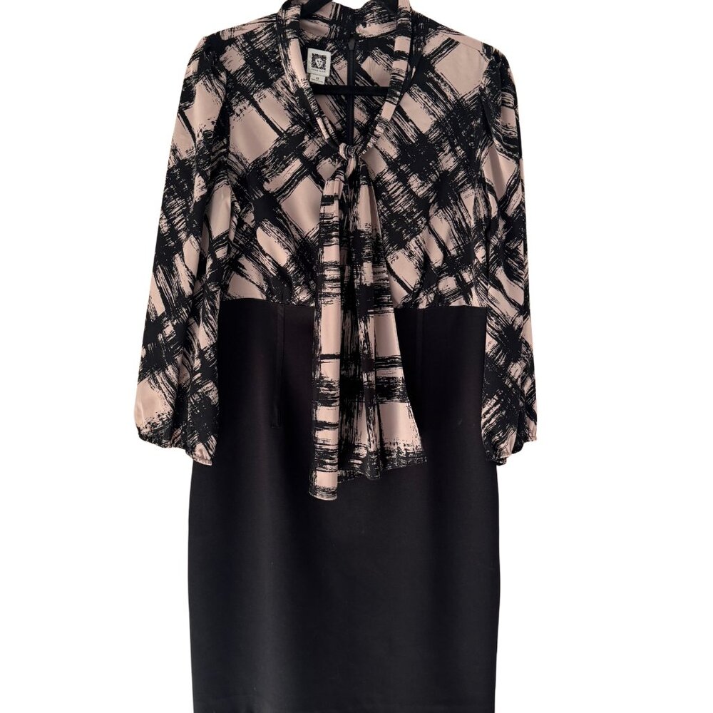 Anne Klein Tie Neck Geometric Long Sleeve Midi Dress Tan Black Women's Size 10